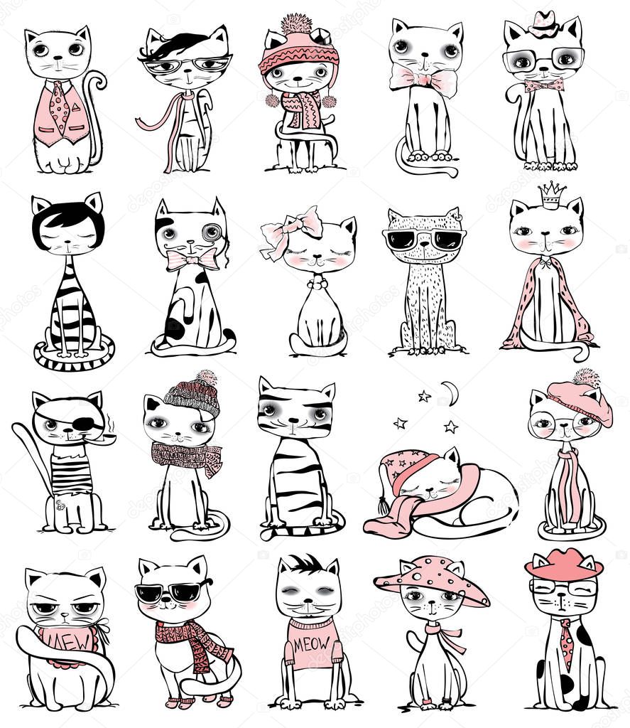 Big set of vector cute funny cats for greeting card design, t-shirt print, inspiration poster.