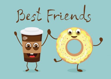 vektör çizim karikatür komik fincan kahve ve çörek duygularla tasarımını.