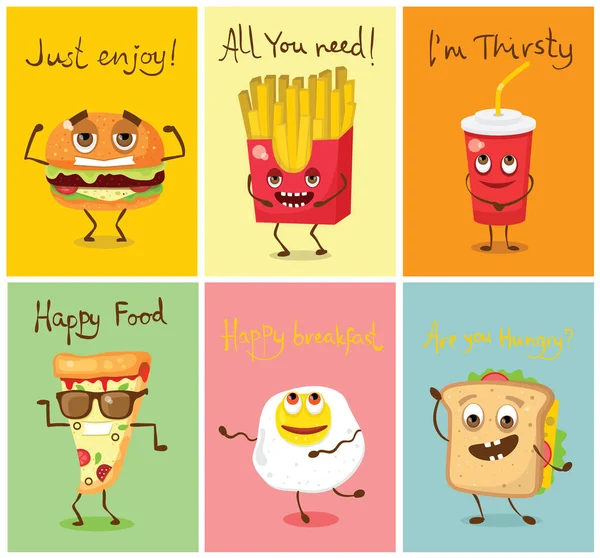 Vector Illustration Design Cartoon Funny Food Set Emotions — Stock Vector