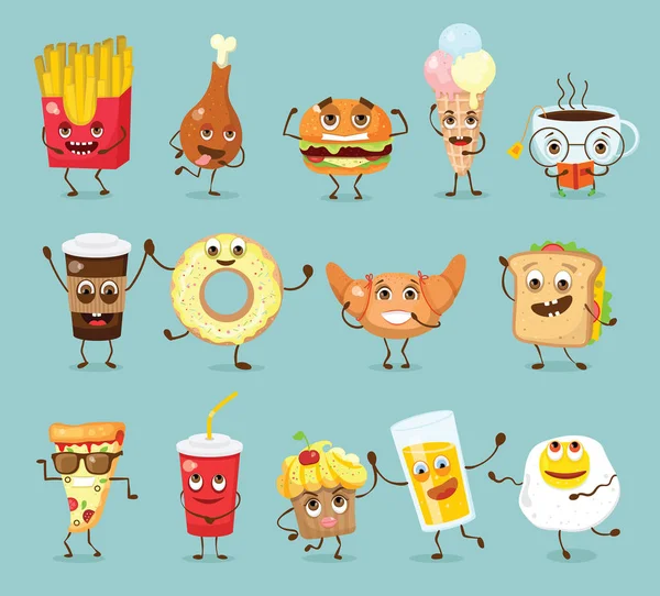 Vector Illustratie Ontwerp Van Grappige Voedsel Cartoon Instellen Met Emoties — Stockvector