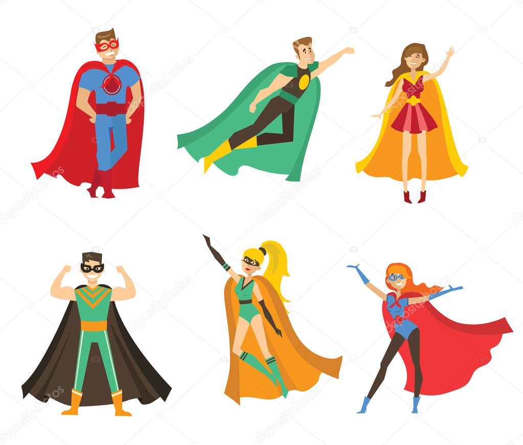 vector illustration design of cartoon set of Super hero in cloak