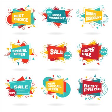 Renkli soyut sohbet etiket kümesi. Vektör indirim ve promosyon afiş.