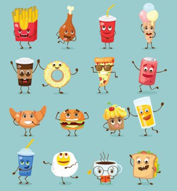 Çizgi film funny gıda karakterleri vektör çizimler-kek, çörek, kruvasan, fincan çay ve kahve, sahanda yumurta, hamburger, cam suyu ve duyguları ile patates kızartması