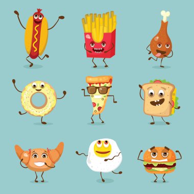 Karikatür kartları komik gıda karakter vektör çizimler - omlet, pizza, hamburger, donut ile peynir, sosis ve patates kızartması duyguları ile tost.