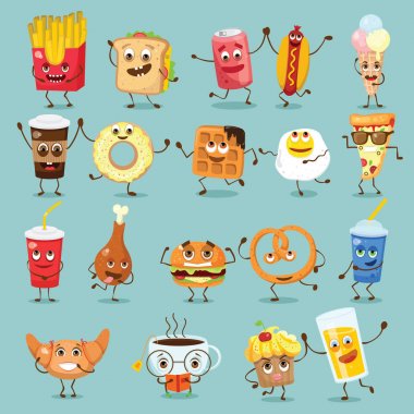 Çizgi film funny gıda karakterleri vektör çizimler-cupcake, kruvasan, fincan çay ve kahve, sahanda yumurta, hamburger, sosisli sandviç ve patates kızartması ve diğer duyguları ile