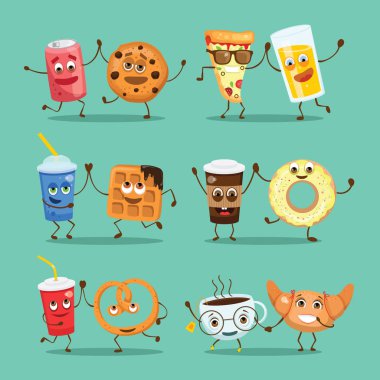 Karikatür komik arkadaşlar lokanta - kurabiye ve bir kutu soda, pizza ve meyve suyu, taze ve gözleme, çörek ve kahve, kraker ve limonata, kruvasan ve çay