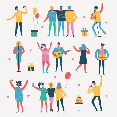 Doğum günü partisinde kutluyor mutlu arkadaşlarım Grubu'nun düz bir tarzda vektör arka plan