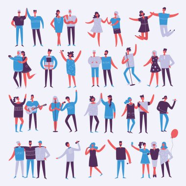 Vektör çizim mutlu moda doğum günü partisi, insanlar şarkı ve dans Grubu'nun düz bir tarzda