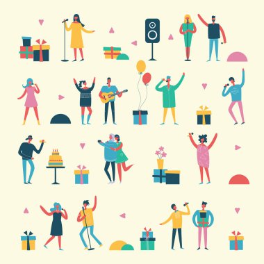 Doğum günü partisinde kutluyor mutlu arkadaşlarım Grubu'nun düz bir tarzda vektör arka plan