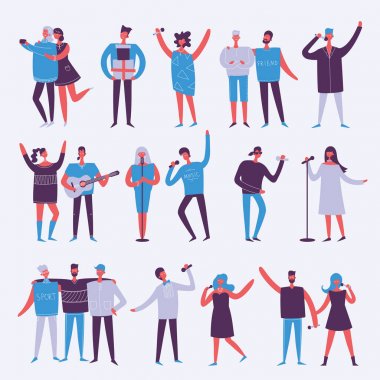 Vektör çizim mutlu moda doğum günü partisi, insanlar şarkı ve dans Grubu'nun düz bir tarzda