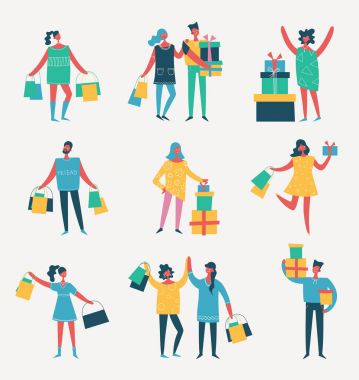 Vektör çizim grup mutlu moda doğum günü partisi ve alışveriş insanlar düz bir tarzı