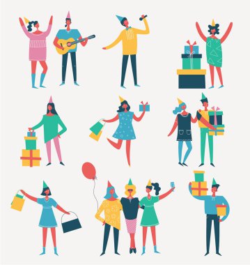 Doğum günü partisinde kutluyor mutlu arkadaşlarım Grubu'nun düz bir tarzda vektör arka plan