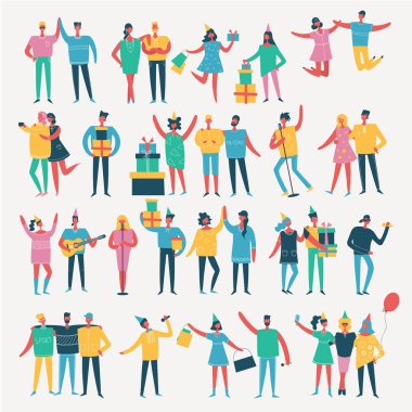 Vektör çizim mutlu moda doğum günü partisi, alışveriş, dans ve insanlar şarkı Grubu'nun düz bir tarzda