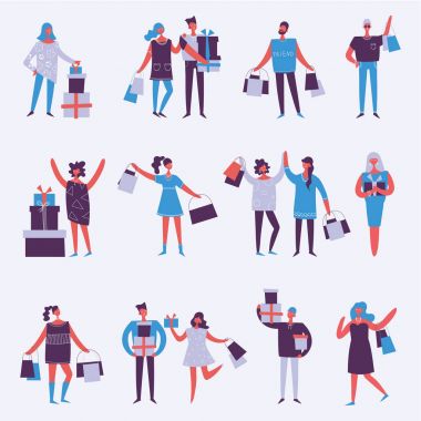 Vektör çizim grup mutlu moda doğum günü partisi ve alışveriş insanlar düz bir tarzı