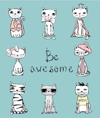 Vektör şirin komik kediler için tebrik kartı tasarımı, tişört baskı, ilham poster seti.