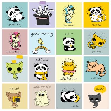 Şirin hayvanların basit tasarımı olan vektör çocuk kartları. Çocuk afişleri, çıkartmaları ve diğer çocukların eşyaları için mükemmel..
