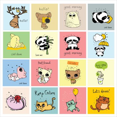 Şirin hayvanların basit tasarımı olan vektör çocuk kartları. Çocuk afişleri, çıkartmaları ve diğer çocukların eşyaları için mükemmel..