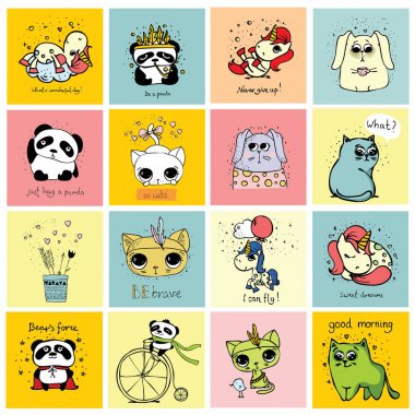 Şirin hayvanların basit tasarımı olan vektör çocuk kartları. Çocuk afişleri, çıkartmaları ve diğer çocukların eşyaları için mükemmel..