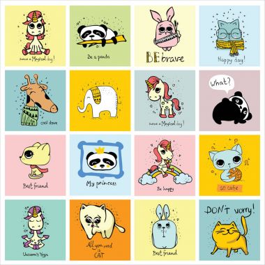 Şirin hayvanların basit tasarımı olan vektör çocuk kartları. Çocuk afişleri, çıkartmaları ve diğer çocukların eşyaları için mükemmel..