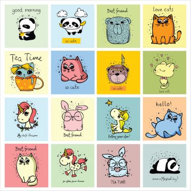 Şirin hayvanların basit tasarımı olan vektör çocuk kartları. Çocuk afişleri, çıkartmaları ve diğer çocukların eşyaları için mükemmel..