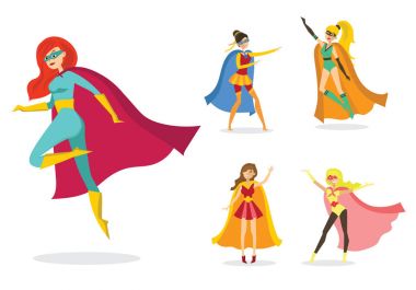 Komik çizgi roman kostüm beyaz arka plan üzerinde izole kadın superheros düz tasarım vektör çizim