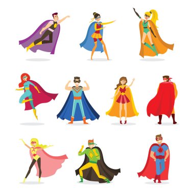 Komik çizgi roman kostüm beyaz arka plan üzerinde izole kadın ve erkek süper kahramanlar düz tasarım vektör çizimler