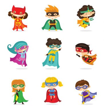 Beyaz arka plan üzerinde giyen çizgi roman kostümleri izole çocuklar süper kahraman karikatür vektör çizim.