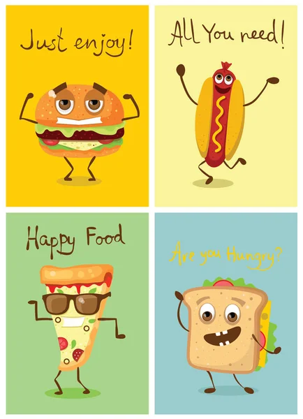 Cartoni Animati Con Personaggi Alimentari Divertenti Illustrazioni Vettoriali Hot Dog — Vettoriale Stock