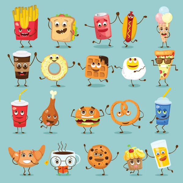 卡通有趣的食物字符矢量插图 华夫饼 牛角面包 茶和咖啡 炒鸡蛋 汉堡包 热狗和薯条等情绪 — 图库矢量图片