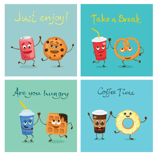 Cartoon cards with funny friends fast food - cookie and soda can, waffle and fresh, coffee and donut, pretzel and juice.