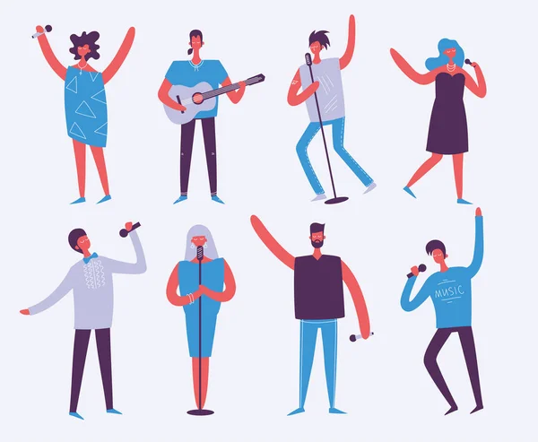 Fondo Vectorial Estilo Plano Grupo Cantantes Tocando Guitarra — Vector de stock