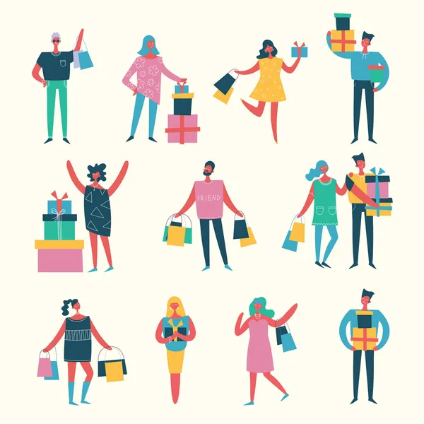 Ilustración Vectorial Estilo Plano Grupo Fiesta Cumpleaños Moda Feliz Gente — Vector de stock