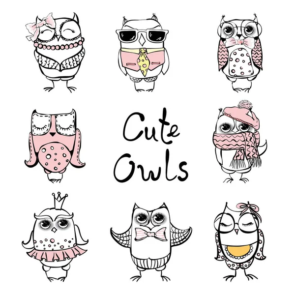 Cute Hipster Owls Vector Set — Stock Vector
