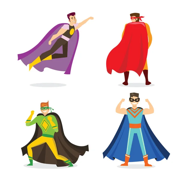 Ilustración Vectorial Diseño Plano Superhéroes Masculinos Disfrazados Cómics Divertidos — Vector de stock