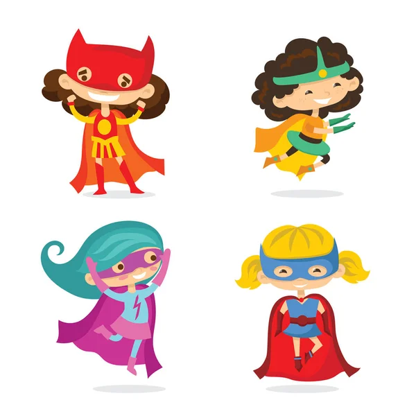 Illustrazione Vettoriale Dei Cartoni Animati Superhero Kid Girls Che Indossano — Vettoriale Stock