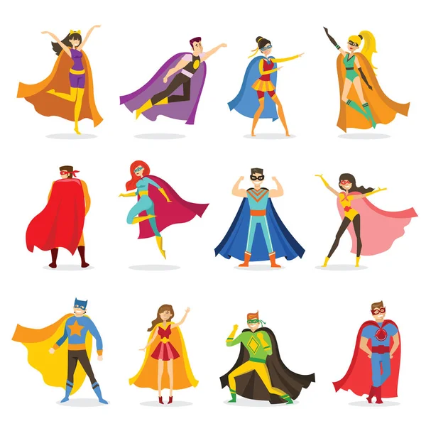 女性和男性超级英雄在白色背景下的滑稽漫画服装平面设计中的矢量插图 — 图库矢量图片