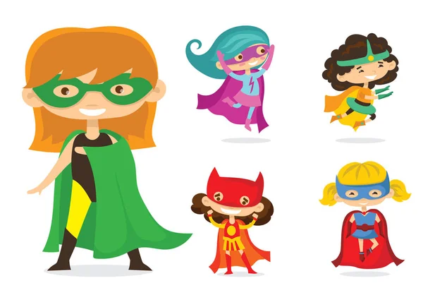 Illustrazione Vettoriale Dei Cartoni Animati Superhero Kid Girls Che Indossano — Vettoriale Stock