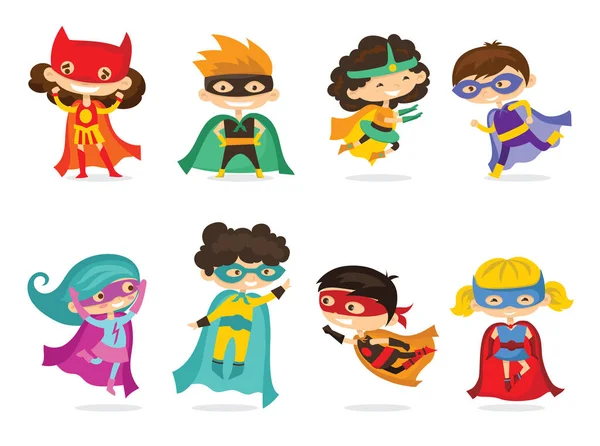 Cartoon Vector Illustration Kids Superheroes Wearing Comics Costumes Isolated White Stock Vector