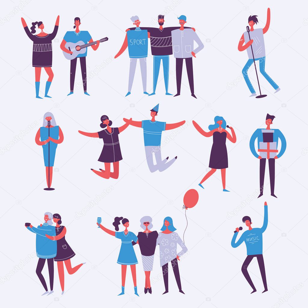 Vector illustration in a flat style of group of happy fashion birthday party,  dancing and singing people