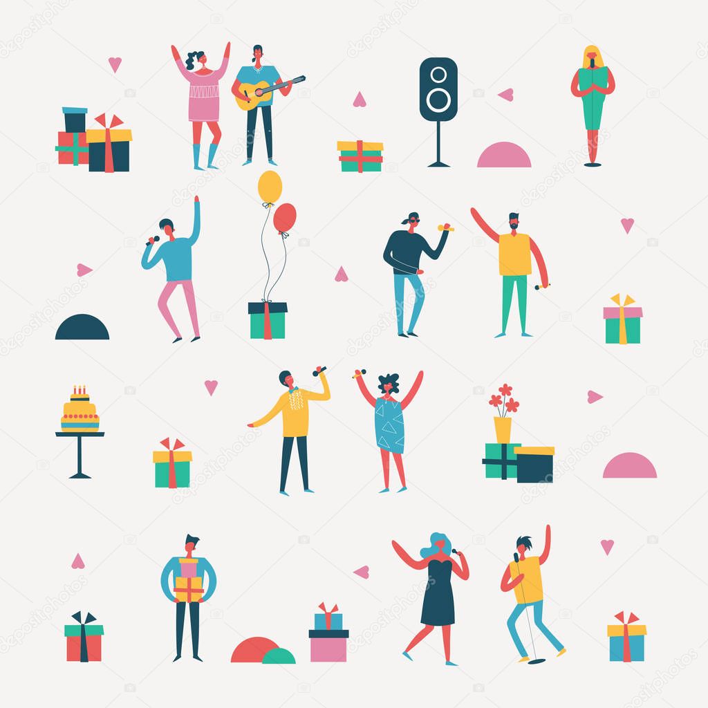 Vector background in a flat style of group of happy best friends celebrating birthday at the party