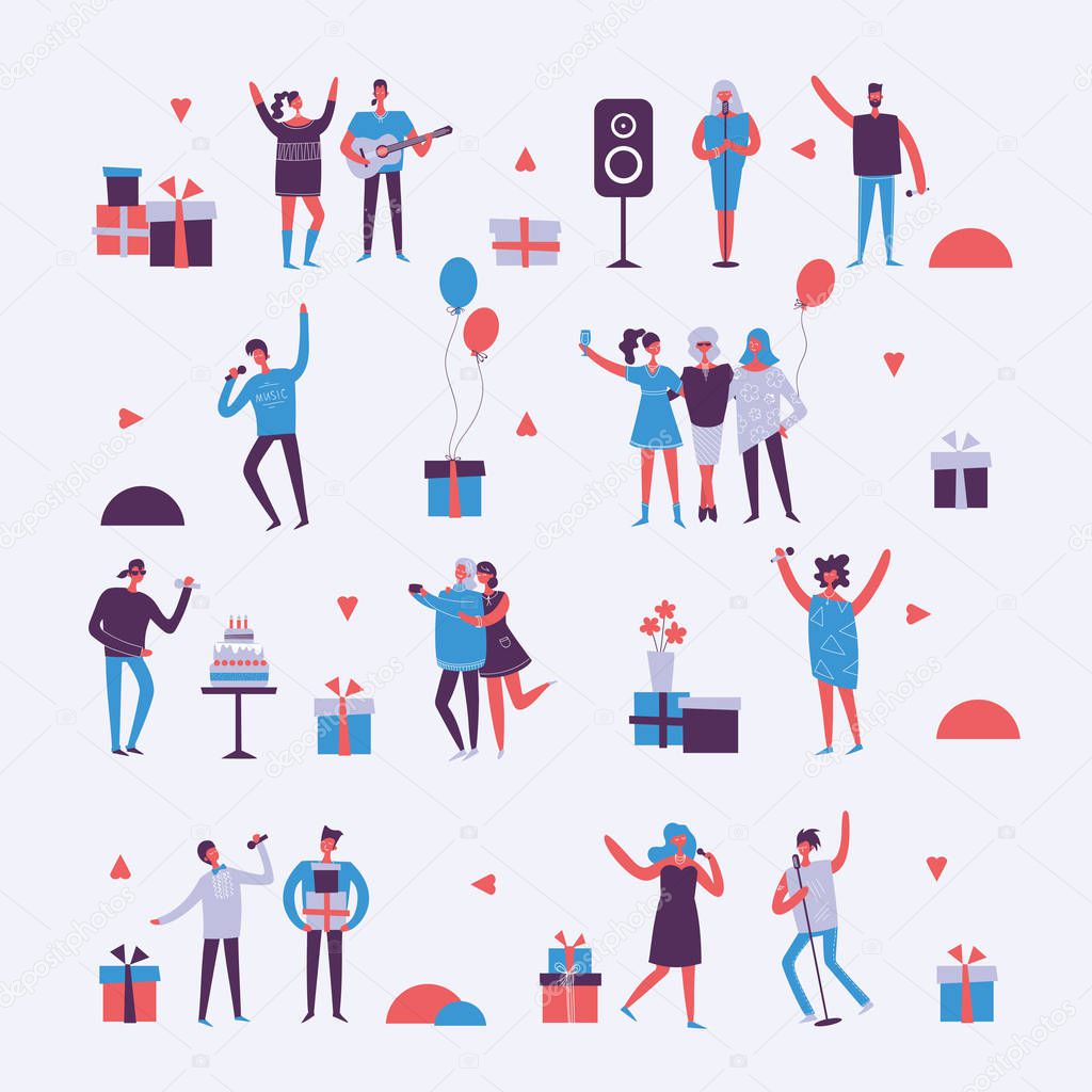 Vector background in a flat style of group of happy best friends celebrating birthday at the party