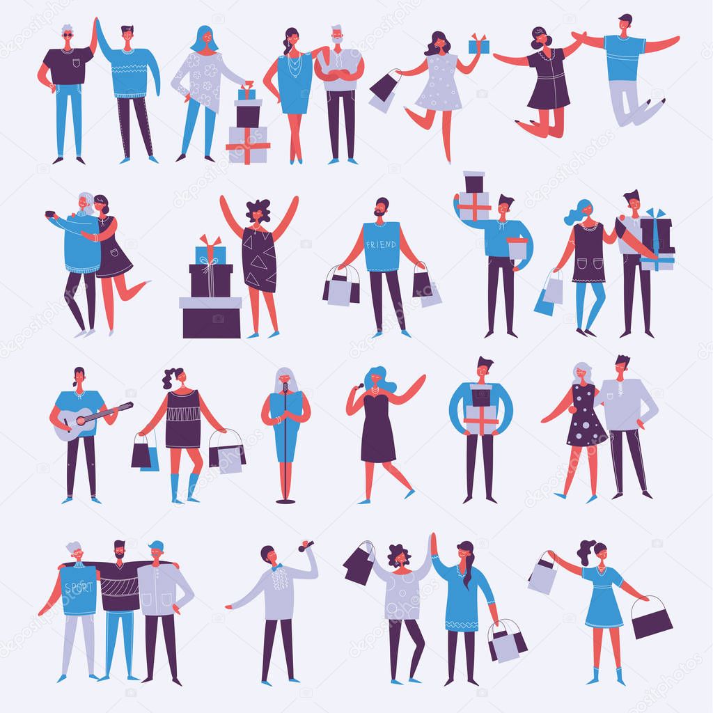 Vector illustration in a flat style of group of happy fashion birthday party and  shopping people
