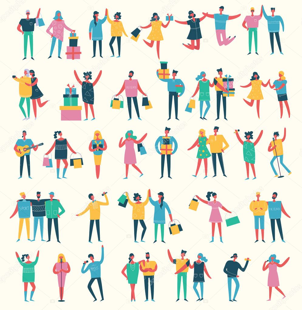 Vector illustration in a flat style of group of happy fashion birthday party, shopping, dancing and singing people