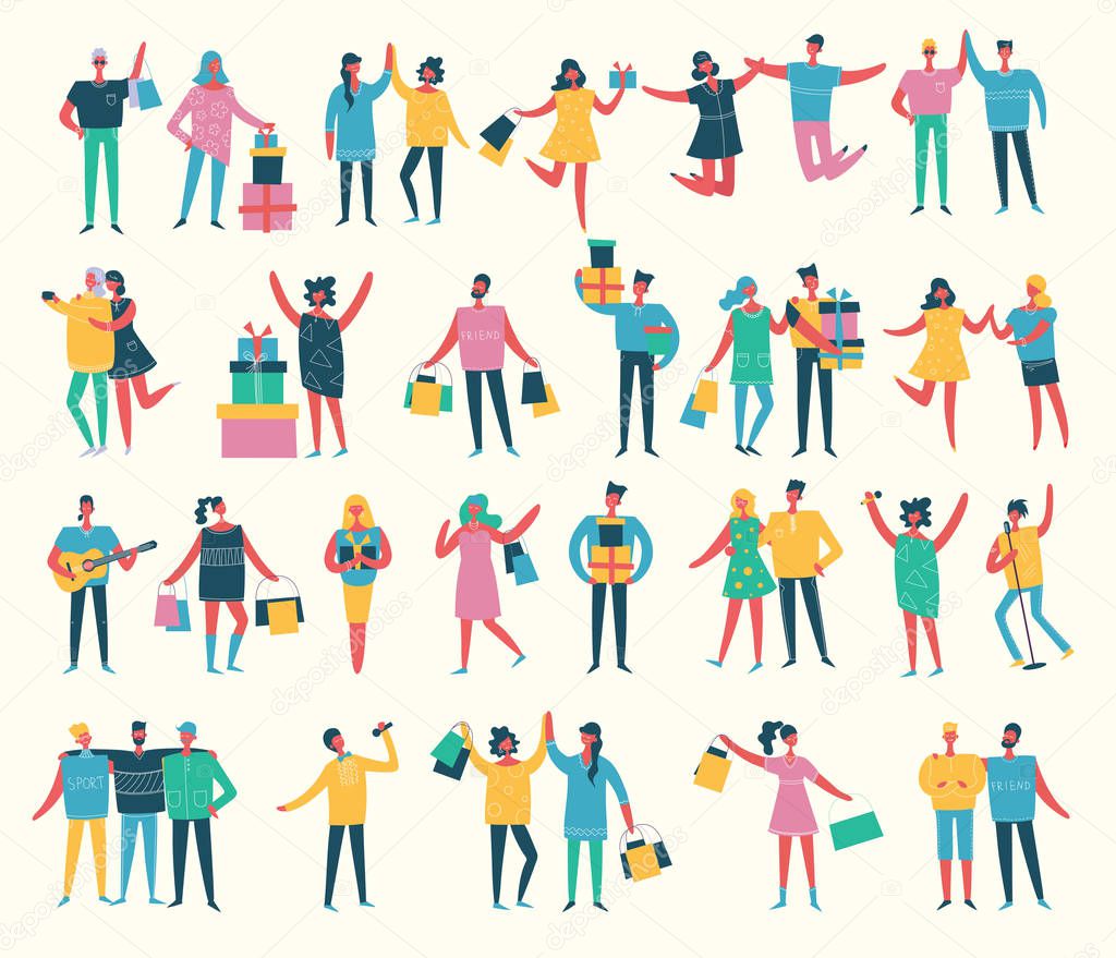 Vector illustration in a flat style of group of happy fashion birthday party, shopping, dancing and singing people