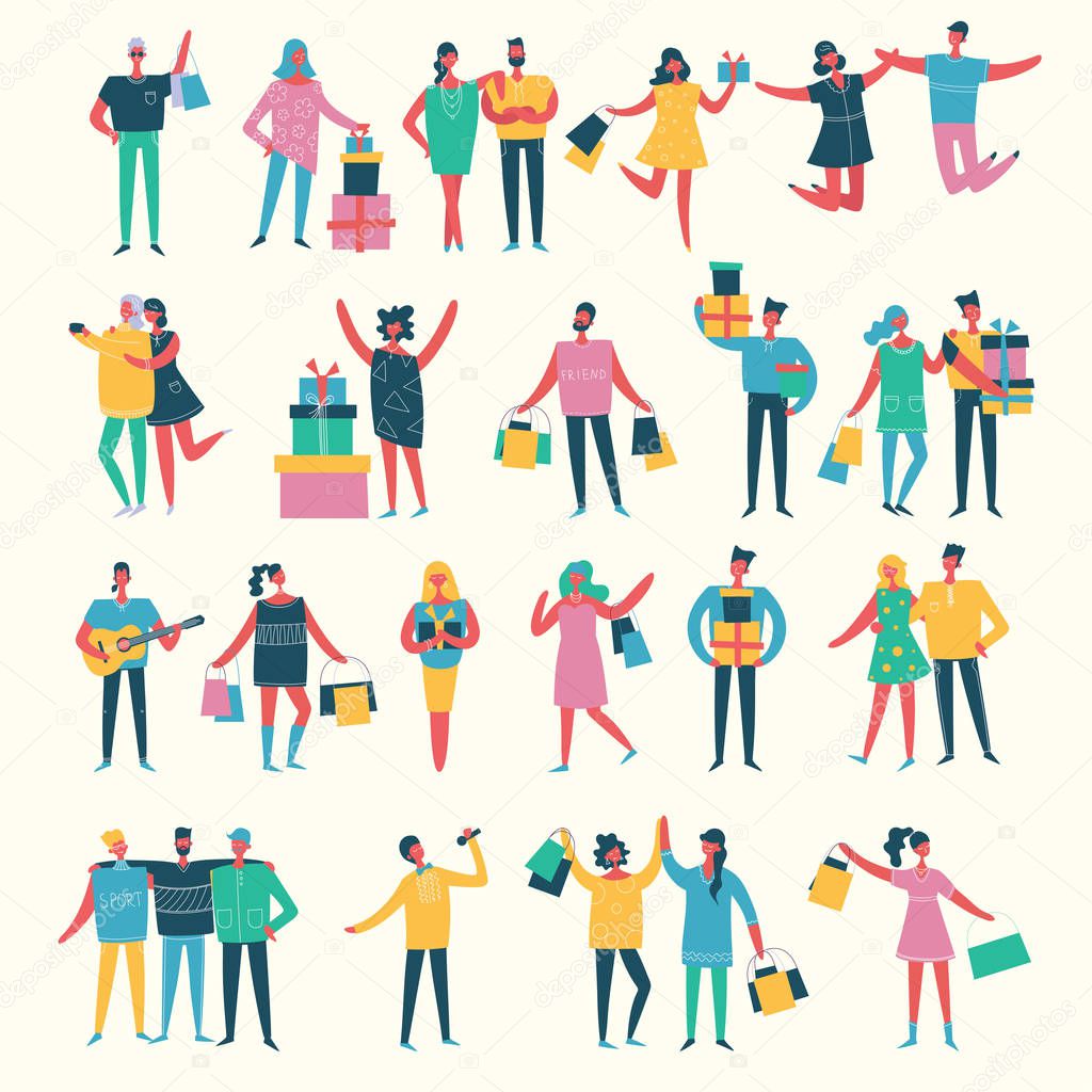 Vector illustration in a flat style of group of happy fashion birthday party, shopping, dancing and singing people