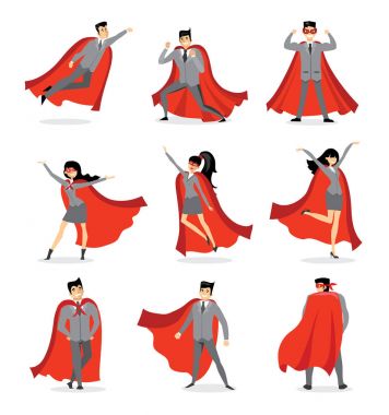 Kırmızı pelerini ile işadamları ve iş kadınları süper kahramanlar dizi düz tasarım vektör çizimler.