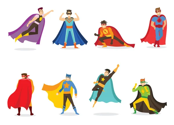 Ilustração Vetorial Design Plano Super Heróis Masculinos Quadrinhos Engraçados Traje — Vetor de Stock