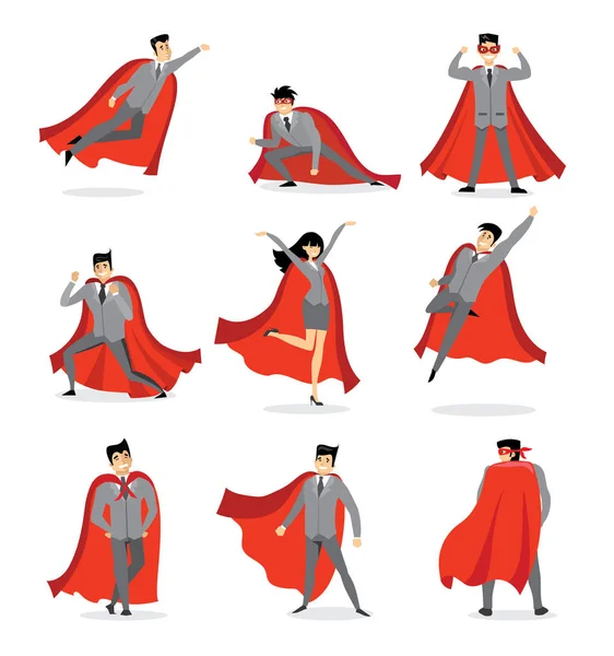 Векторные Иллюстрации Плоском Дизайне Набора Бизнесменов Бизнесвумен Супергероинь Красном Плаще — стоковый вектор