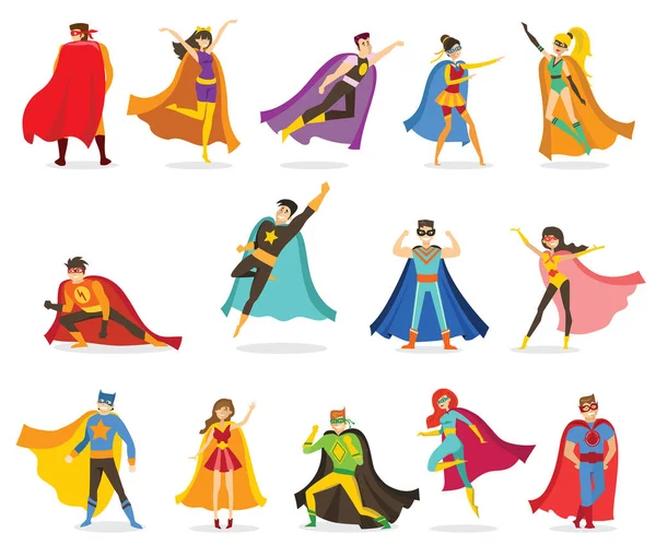 Vektorové Ilustrace Plochého Tvaru Ženských Mužských Superhrdinů Kostýmu Vtipné Komiksy — Stockový vektor