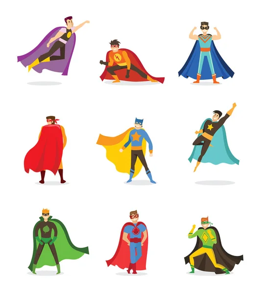 女性和男性超级英雄在白色背景下的滑稽漫画服装平面设计中的矢量插图 — 图库矢量图片